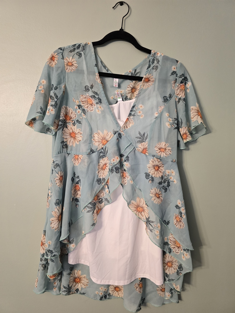 ROE Floral Ruffle High-Low Dress — Light Blue with Peach Accents